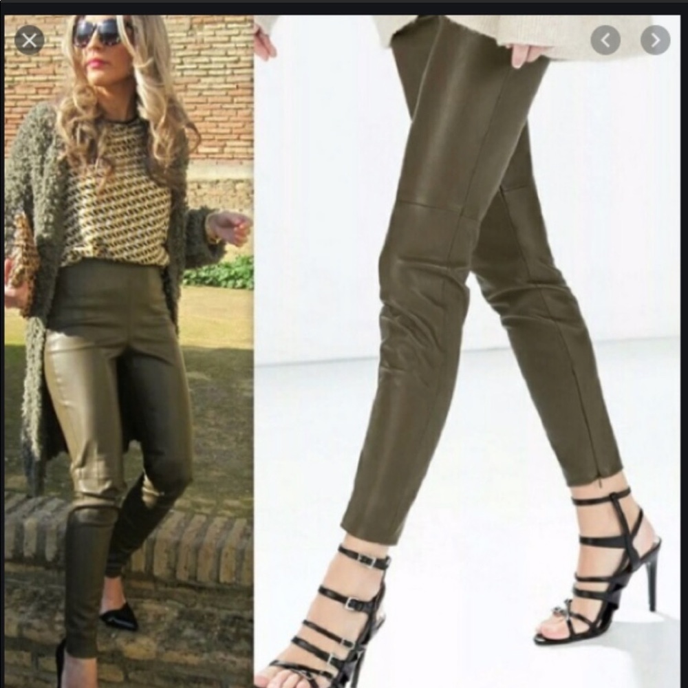 Zara basic olive green  Xs leather leggings brown